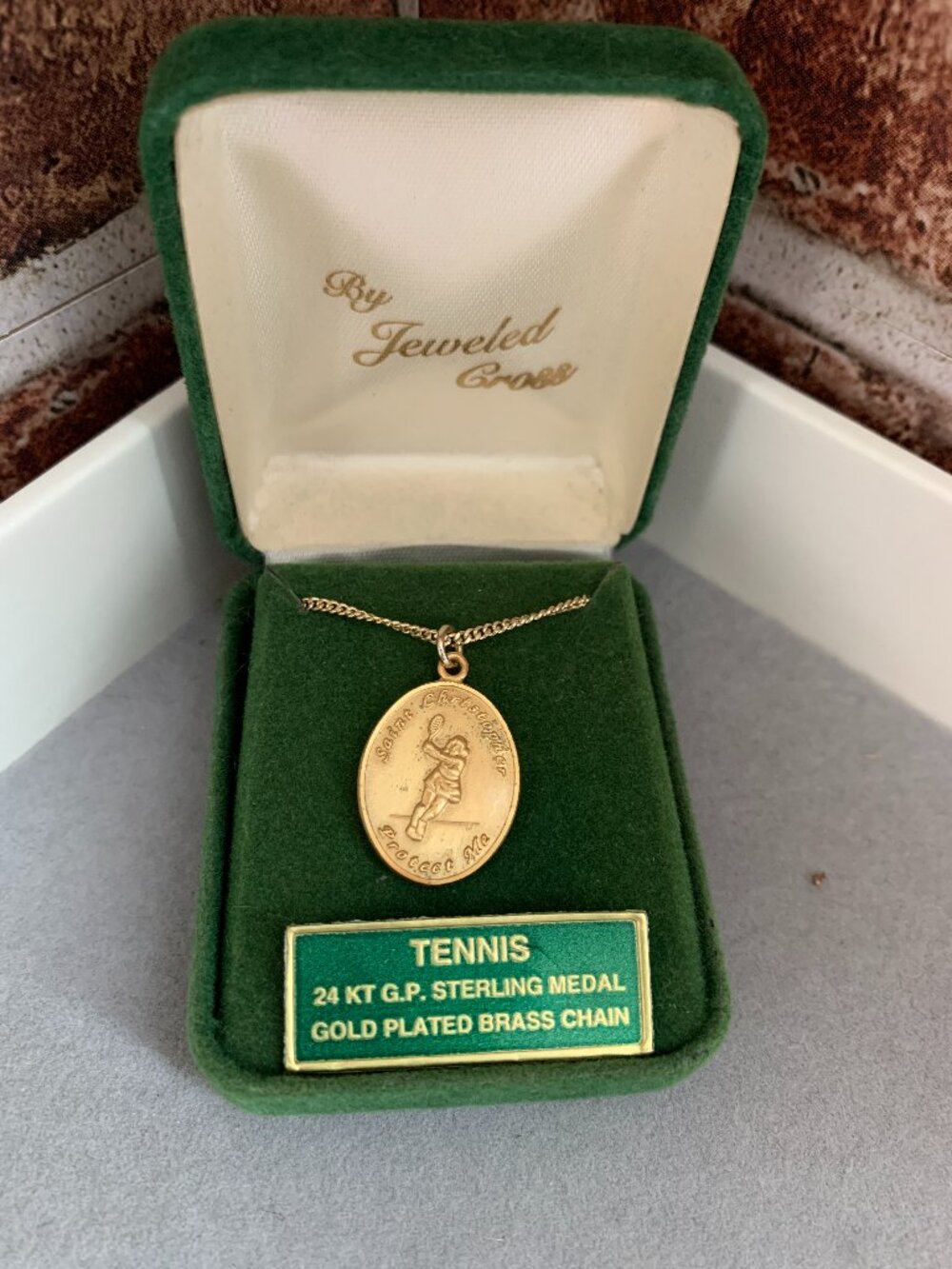 Gold-Plated St. Christopher “Tennis Girl” Medal w/ 18" Gold‑Plated Brass Chain